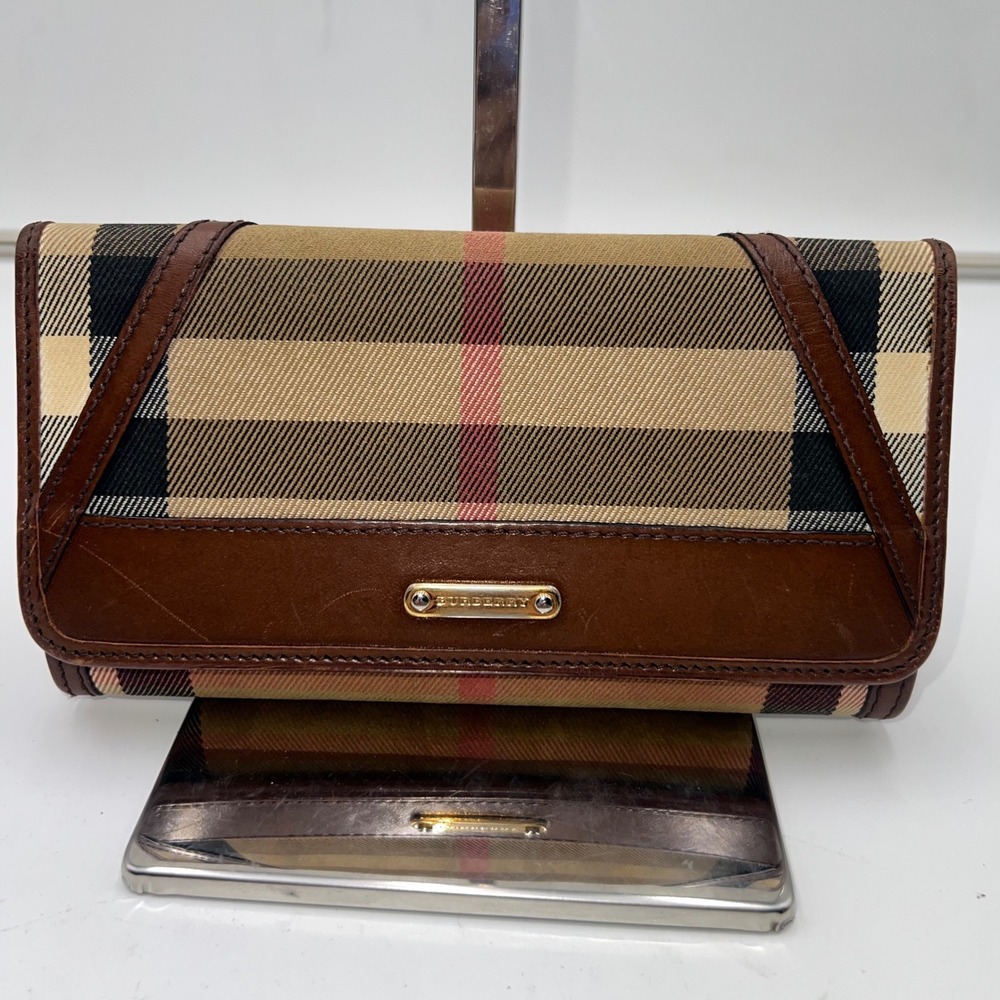 Burberry London Checkbook Wallet Canvas Leather Trim Brown Authentic Made Italy